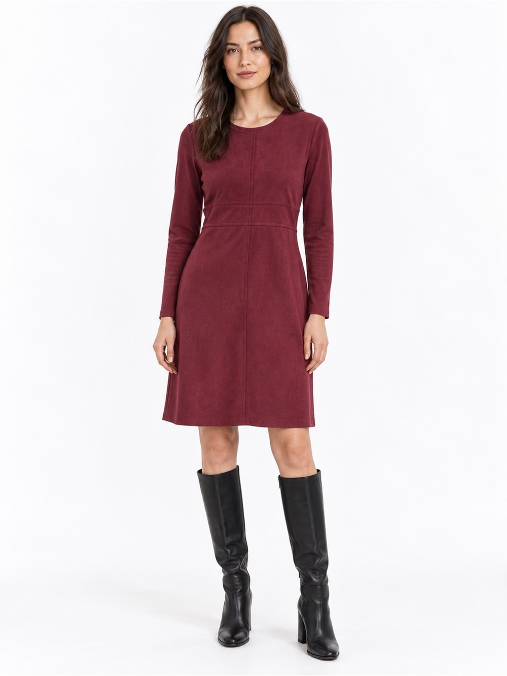Joh. Aurora Burgundy Faux Suede Long Sleeve Knee Length Dress Small